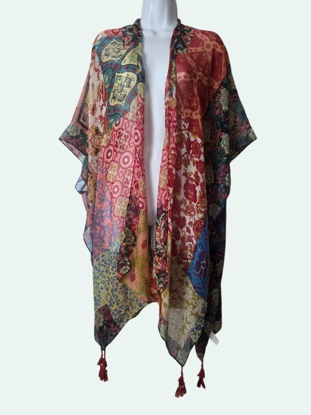 Moss Rose Boho Patchwork Kimono Cardigan Tassels Lightweight Sheer Cover-Up